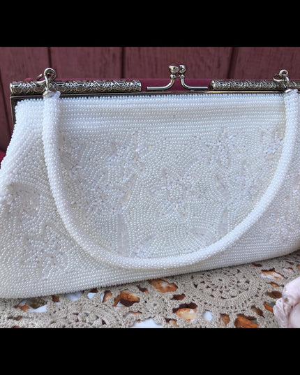 Vintage White beaded Clutch wristlet Wedding