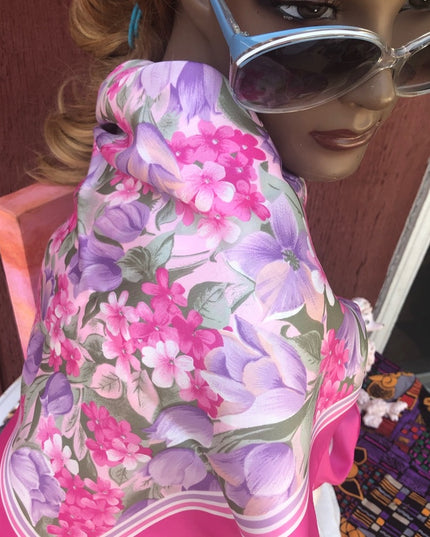 Vintage Scarf Poly Tie rack Pink purple flowers VG