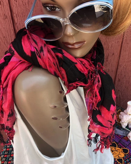 Light Airy Linen Type Scarf flowers black red
