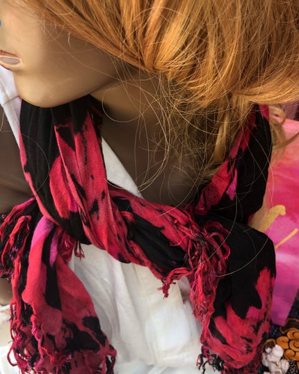 Light Airy Linen Type Scarf flowers black red