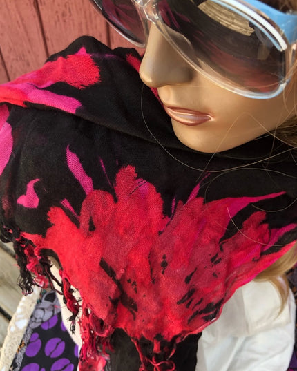 Light Airy Linen Type Scarf flowers black red