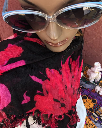 Light Airy Linen Type Scarf flowers black red
