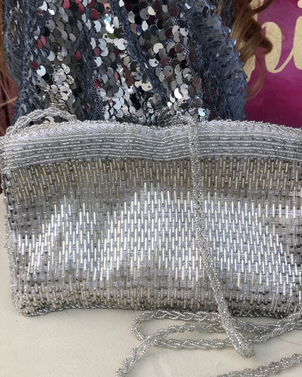 Vintage silver bead shoulder purse Evening wedding