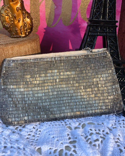 Vintage Silver glass seed bead clutch small purse