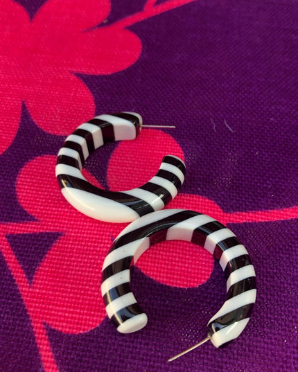 Vintage 1960s Black and white stripe hoop earrings