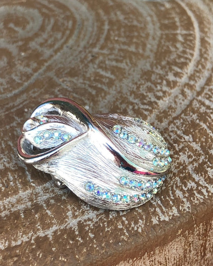 Vintage Brushed silver & crystal flower brooch