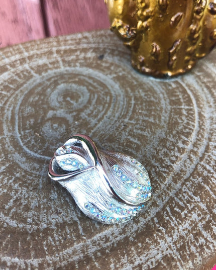 Vintage Brushed silver & crystal flower brooch