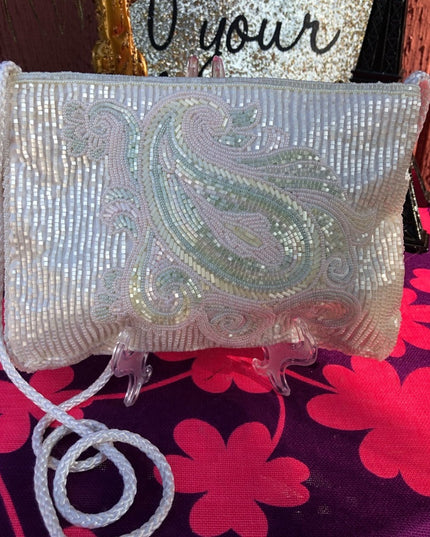 Vintage beaded white pastel paisely shoulder bag