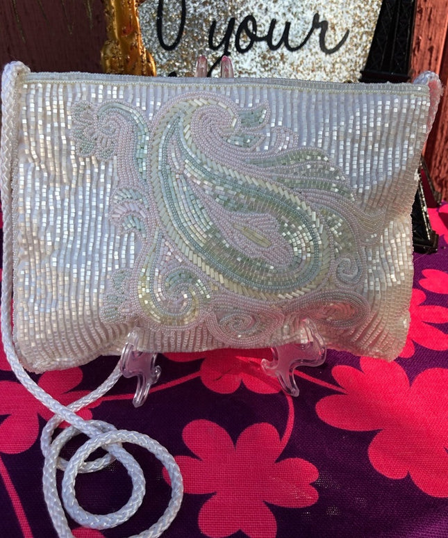 Vintage beaded white pastel paisely shoulder bag
