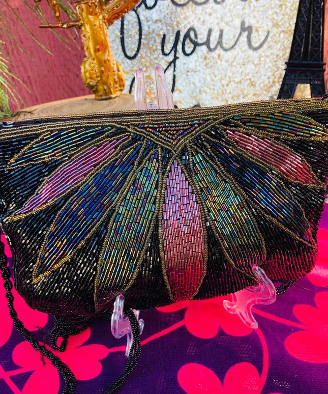 Vintage black colorful beaded evening bag peacock BOB Mackie style color