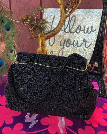 Vintage black bead evening bag 1950s
