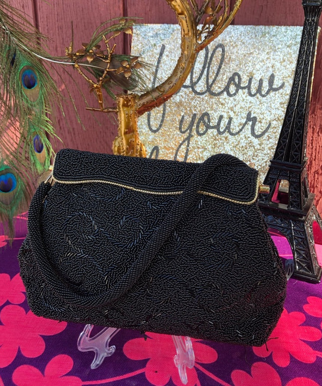 Vintage black bead evening bag 1950s