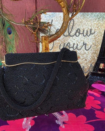 Vintage black bead evening bag 1950s