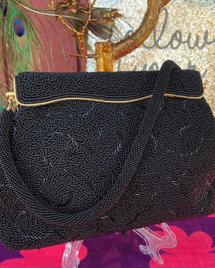 Vintage black bead evening bag 1950s