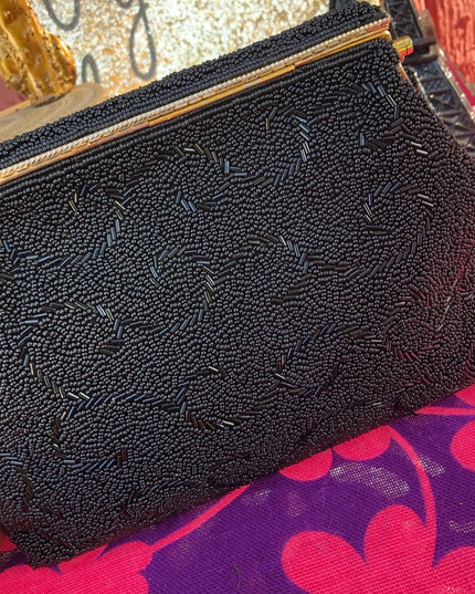 Vintage black bead evening bag 1950s