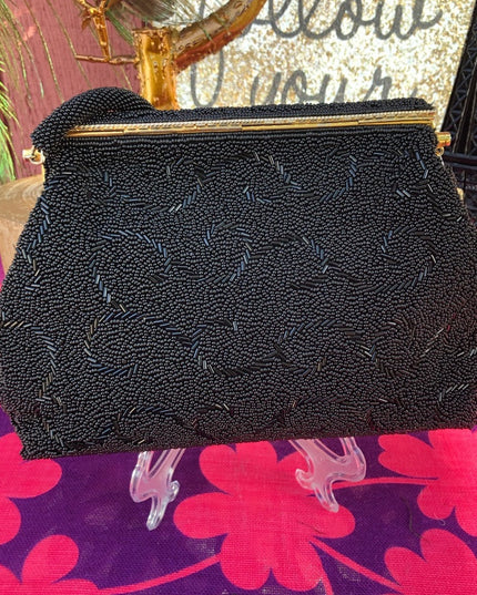 Vintage black bead evening bag 1950s