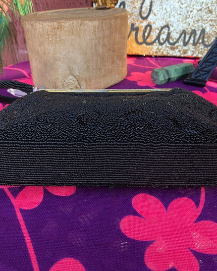 Vintage black bead evening bag 1950s