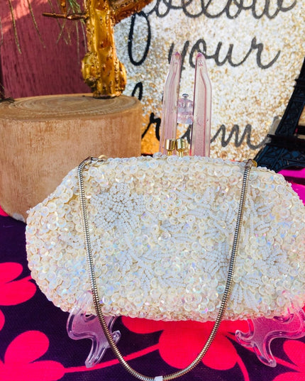 Beautiful off white beaded sequin bag wristlet
