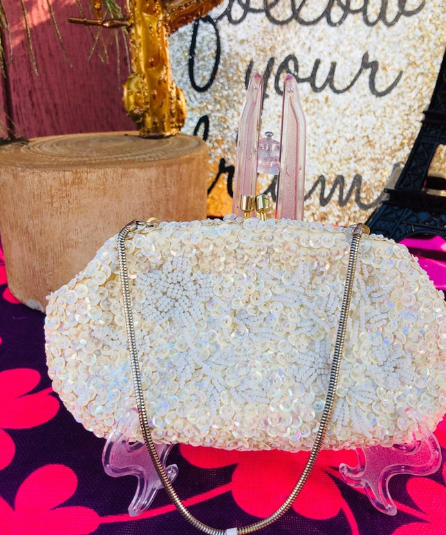 Beautiful off white beaded sequin bag wristlet
