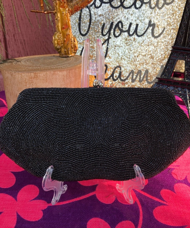 Vintage black bead 9x4” Clutch 1960s