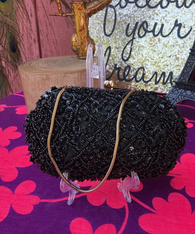 Vintage black bead wristlet sequin 1950s