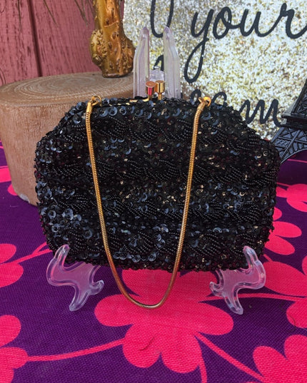 Vintage 1960s small black bead wristlet sequin