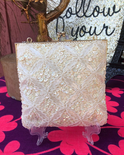 Vintage white bead square bag 6x6” wedding