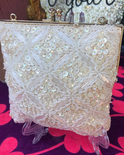 Vintage white bead square bag 6x6” wedding