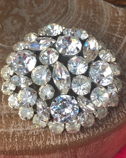 Vintage 1960s Crystal round brooch silver finish quality heavy brooch