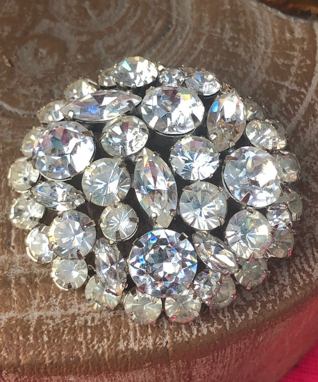 Vintage 1960s Crystal round brooch silver finish quality heavy brooch