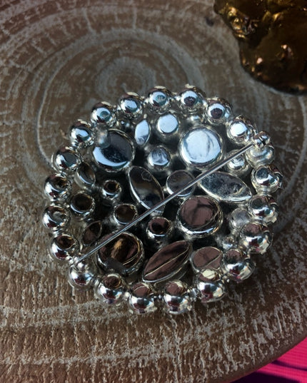 Vintage 1960s Crystal round brooch silver finish quality heavy brooch