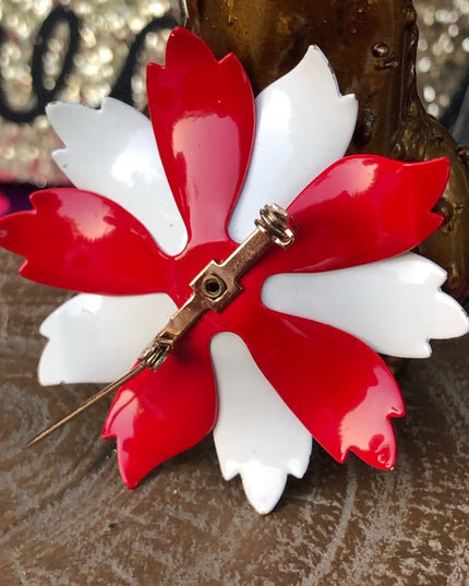 Vintage 1960s Flower brooch Red white blue nautical