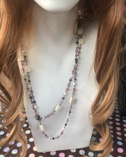 52” glass bead necklace hearts pastels vintage