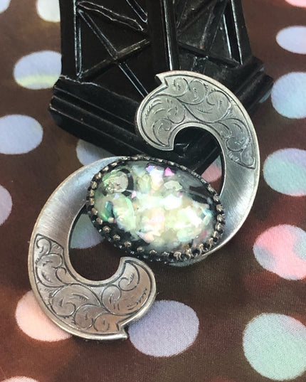 Vintage pewter & lucite etched scarf brooch