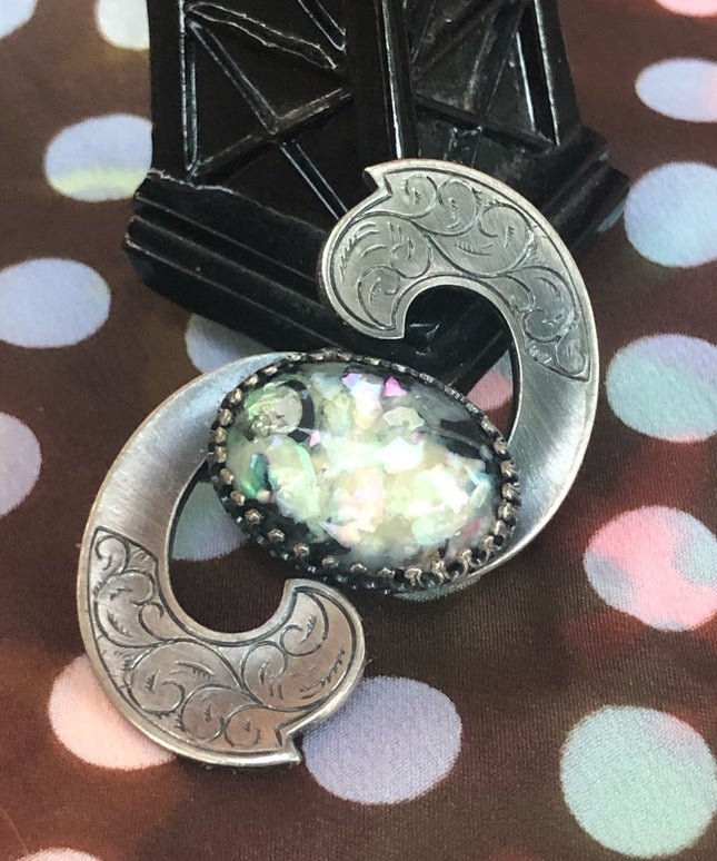 Vintage pewter & lucite etched scarf brooch