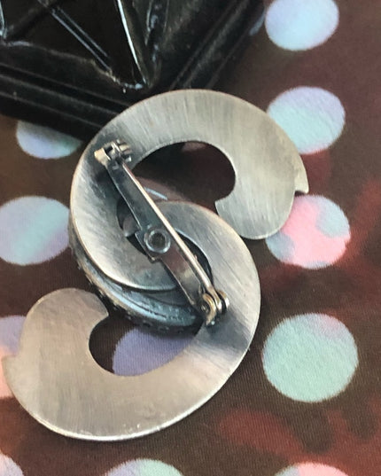 Vintage pewter & lucite etched scarf brooch