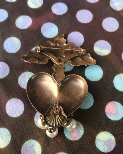 Vintage ANGELS angelic faux pearl heart gold tone brooch 4”