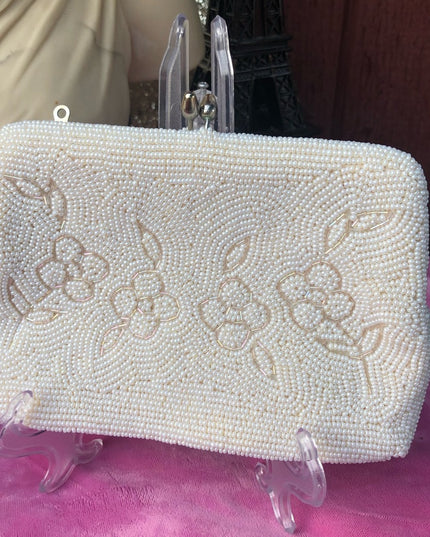 Vintage White micro bead wristlet purse 1950s clutch