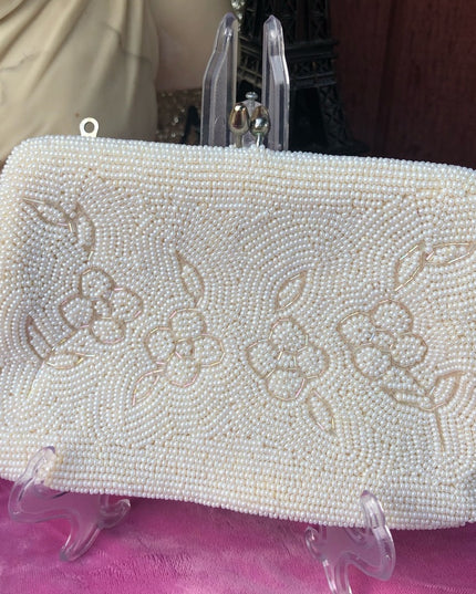 Vintage White micro bead wristlet purse 1950s clutch