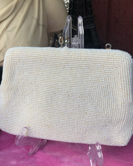 Vintage White micro bead wristlet purse 1950s clutch