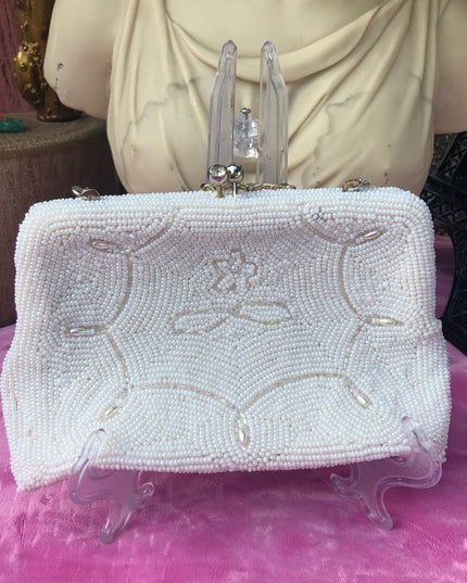 Vintage micro bead white wristlet small purse party bag
