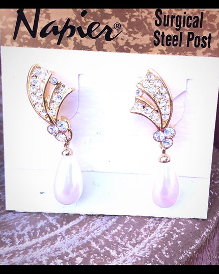 Vintage NEW Napier Earrings faux pearl gold finish dangle with rhinestones