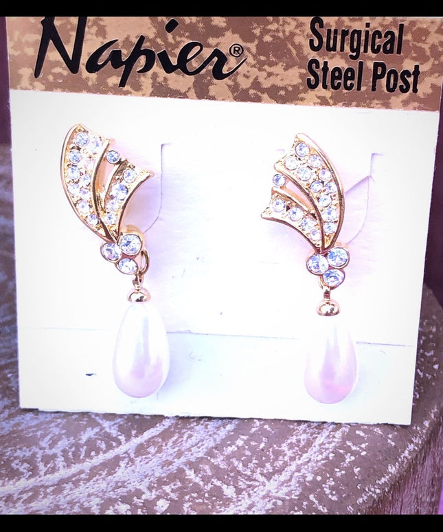 Vintage NEW Napier Earrings faux pearl gold finish dangle with rhinestones