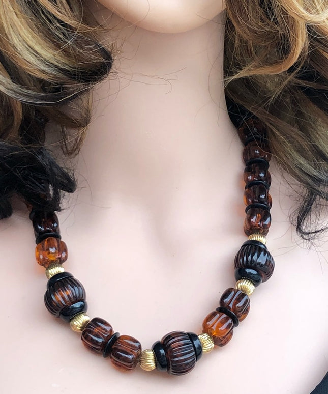 Vintage Faux Amber resin bead necklace 21”