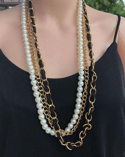 Vintage faux pearl gold multi strand statement necklace