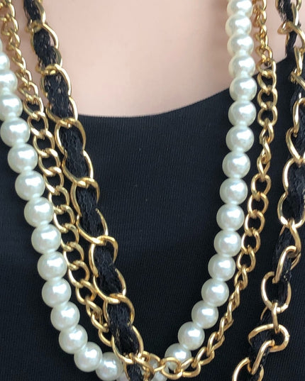 Vintage faux pearl gold multi strand statement necklace