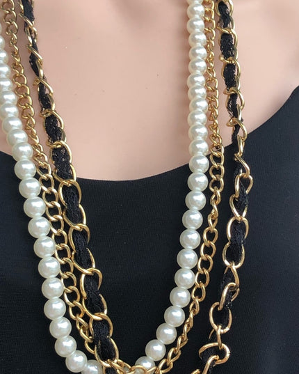 Vintage faux pearl gold multi strand statement necklace