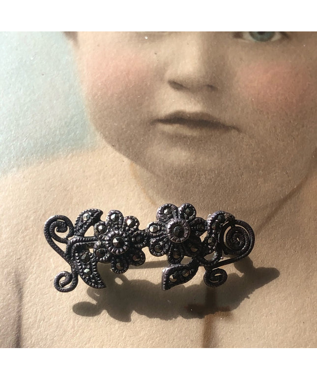 Vintage sterling silver brooch flower marcasite