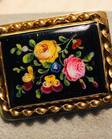 Antique Victorian Handpainted flower cameo ornate Black onyx 10k gold brooch
