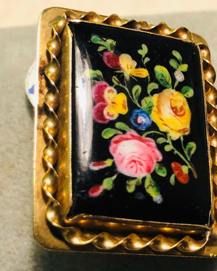 Antique Victorian Handpainted flower cameo ornate Black onyx 10k gold brooch